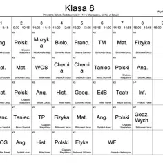 Plan lekcji dla klasy 8: przedmioty takie jak polski, matematyka, fizyka, angielski, historia, biologia, chemia, WF, informatyka, geografia, wychowanie do życia w rodzinie.