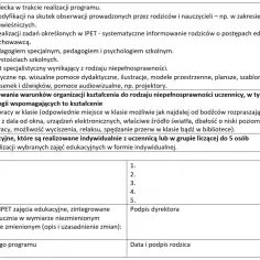 Dokument zawiera informacje o współpracy z rodzicami, dostosowaniu warunków nauki do potrzeb ucznia z niepełnosprawnością oraz o zajęciach edukacyjnych. IPET jest realizowany przez cały rok.