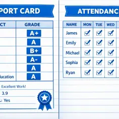 Świadectwo z ocenami A+ z matematyki i A z angielskiego, obok listy obecności. Czy oceny są ważne? Tak, gdy prowadzą do wyróżnienia "Honor Roll".