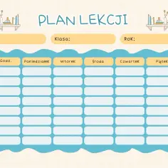 Plan lekcji dla 4 klasy, z miejscem na wpisanie imienia, klasy i roku. Wpisz tu jakie przedmioty są w 4 klasie!