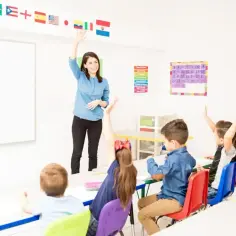 Nauczycielka pyta, jak wygląda egzamin klasyfikacyjny. Uczniowie z podniesionymi rękami chcą odpowiedzieć.