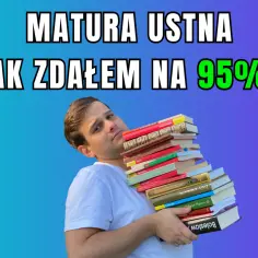 Chłopak z ciężkim stosem książek, zastanawia się, jak zdał matura ustna na 95%.