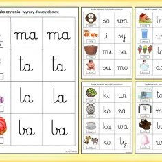 Pomoc w nauce czytania dla dzieci: obrazki i sylaby do ćwiczenia wyrazów dwusylabowych, np. mama, tata, lala, baba.