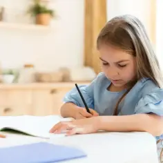Dziewczynka z długimi włosami skupiona na pisaniu. Czy dysleksja to choroba? Pomocne mogą być kolorowe kredki i wsparcie.