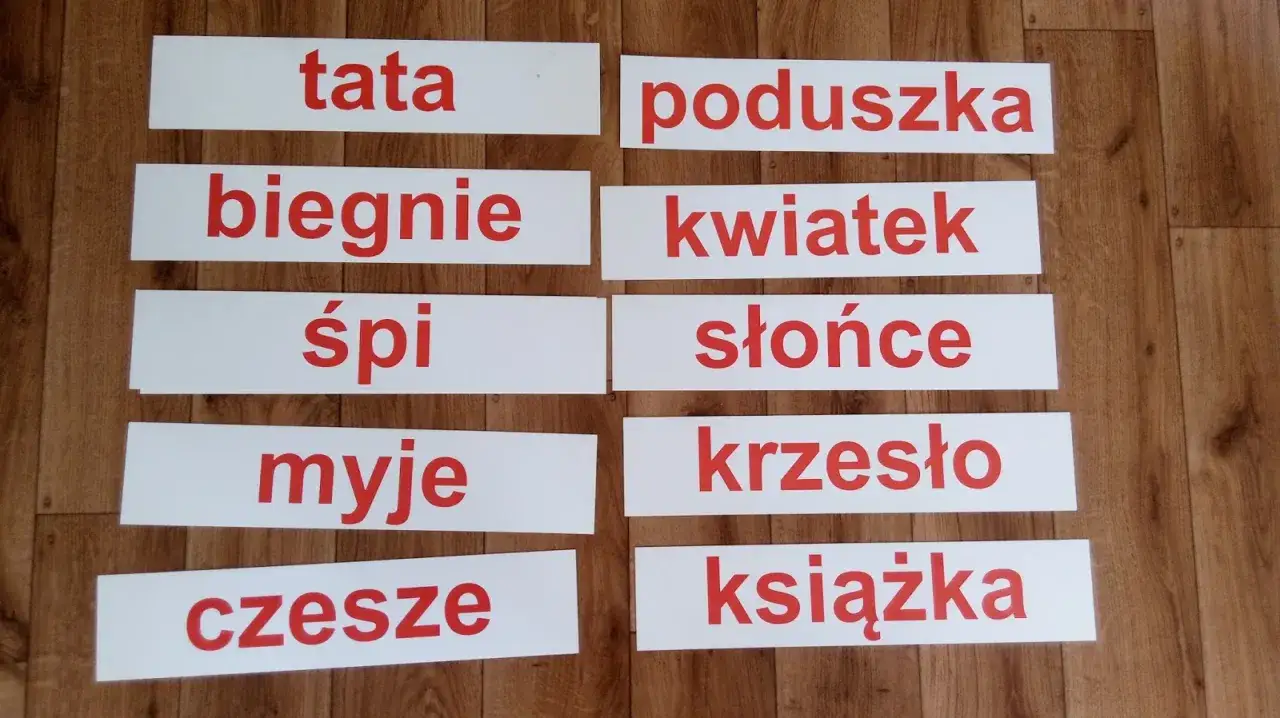 Karty do nauki czytania globalnego: tata, biegnie, śpi, myje, czesze, poduszka, kwiatek, słońce, krzesło, książka.