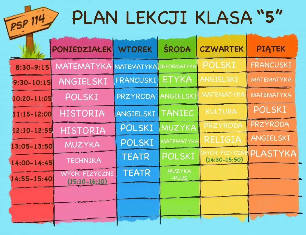 Plan lekcji klasy 5: matematyka, polski, historia, muzyka, technika, wychowanie fizyczne, plastyka, informatyka, przyroda, etyka, taniec, kultura, religia, angielski, francuski.