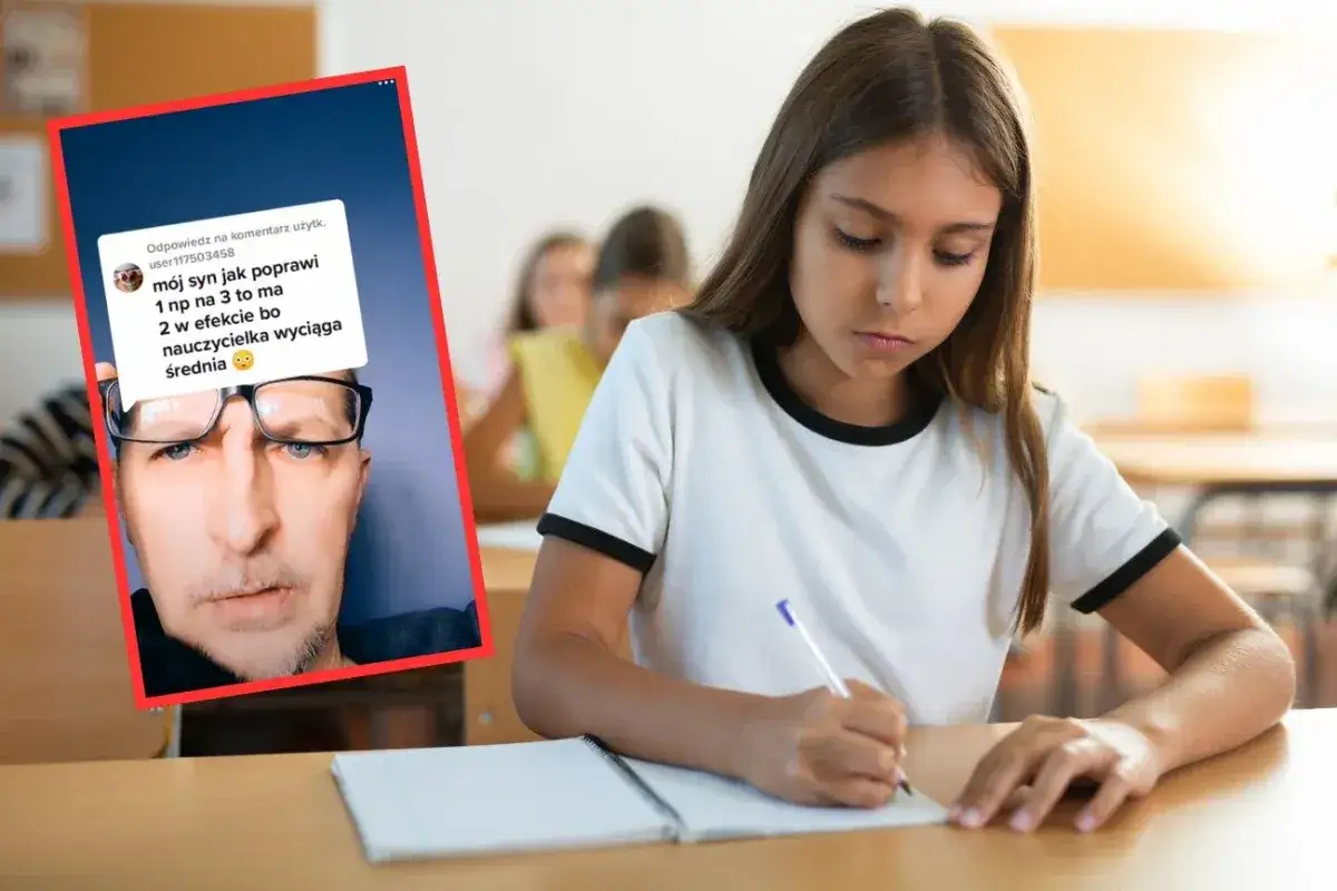 Uczennica pisze w zeszycie, podczas gdy na ekranie widnieje pytanie:
