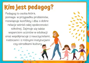 Kim jest pedagog? To osoba, która pomaga uczniom, rozwiązuje konflikty i dba o dobre relacje w szkole, współpracując z nauczycielami i rodzicami.