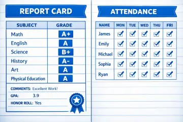 Świadectwo z ocenami A+ z matematyki i A z angielskiego, obok listy obecności. Czy oceny są ważne? Tak, gdy prowadzą do wyróżnienia "Honor Roll".
