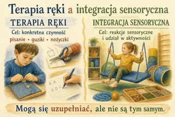 Chłopiec zapina guziki, dziecko ćwiczy pisanie, a dziewczynka huśta się – to przykłady zajęć z integracji sensorycznej i terapii ręki.