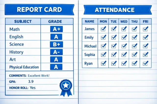 Świadectwo z ocenami A+ z matematyki i A z angielskiego, obok listy obecności. Czy oceny są ważne? Tak, gdy prowadzą do wyróżnienia "Honor Roll".